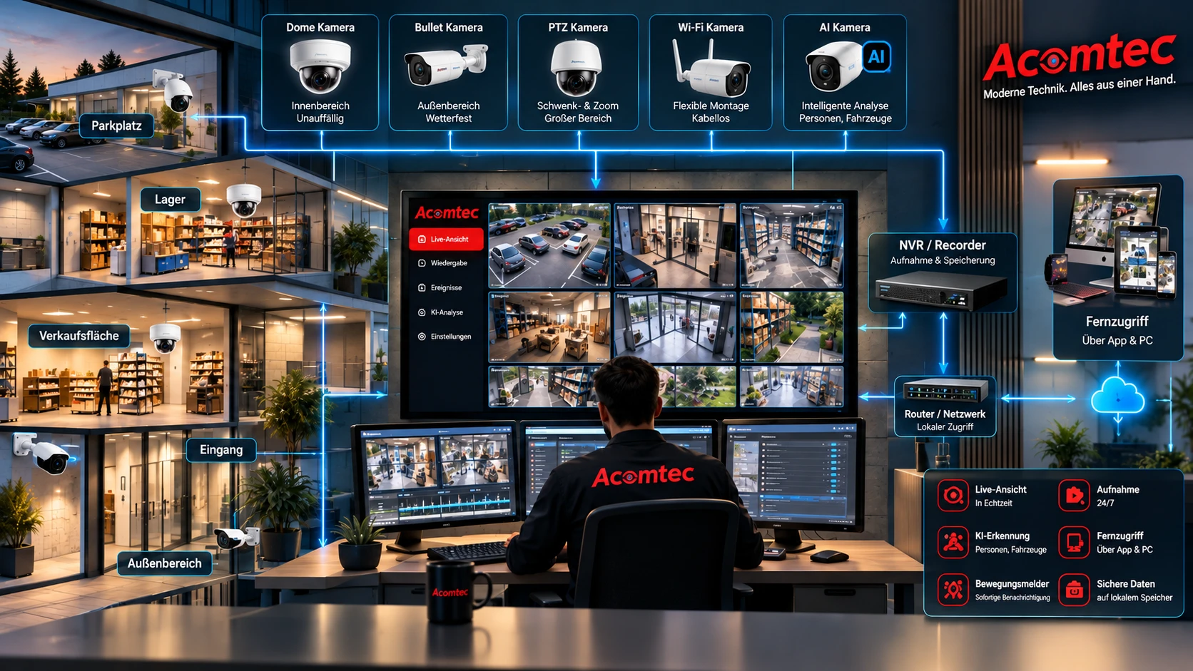 Überblick eines Acomtec Überwachungssystems: Dome-, Bullet-, PTZ-, Wi-Fi- und KI-Kameras an Parkplatz, Lager, Verkaufsfläche, Eingang und Außenbereich, vernetzt über NVR und Router mit Live-Ansicht, Aufnahme, KI-Erkennung und Fernzugriff per App und PC.